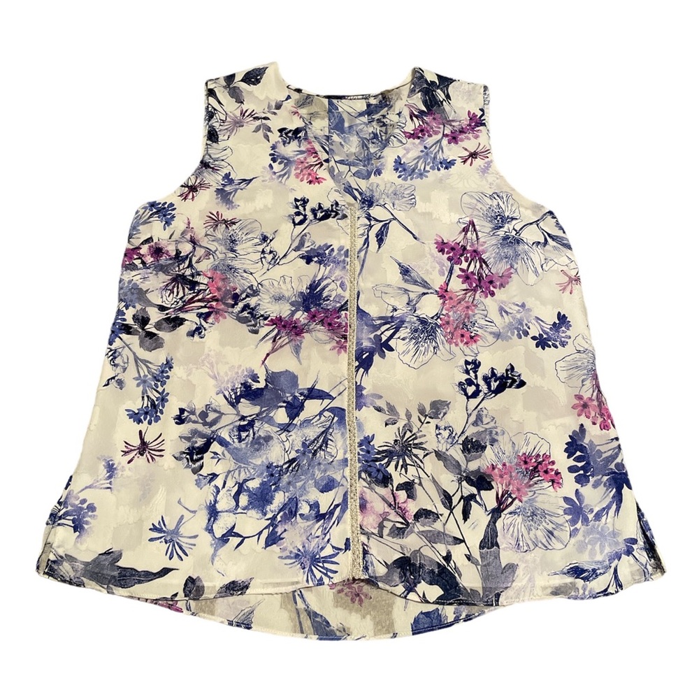 Tahari loose fit sleeveless floral print top with pearl bead detail NWOT size S